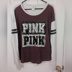 PINK Victoria's Secret Burgundy And White Sequined Long Sleeve Top (S)